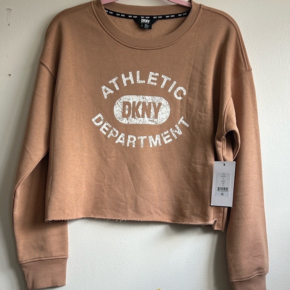 NWT DKNY Brown Cropped Sweatshirt with White Print - Picture 2 of 9